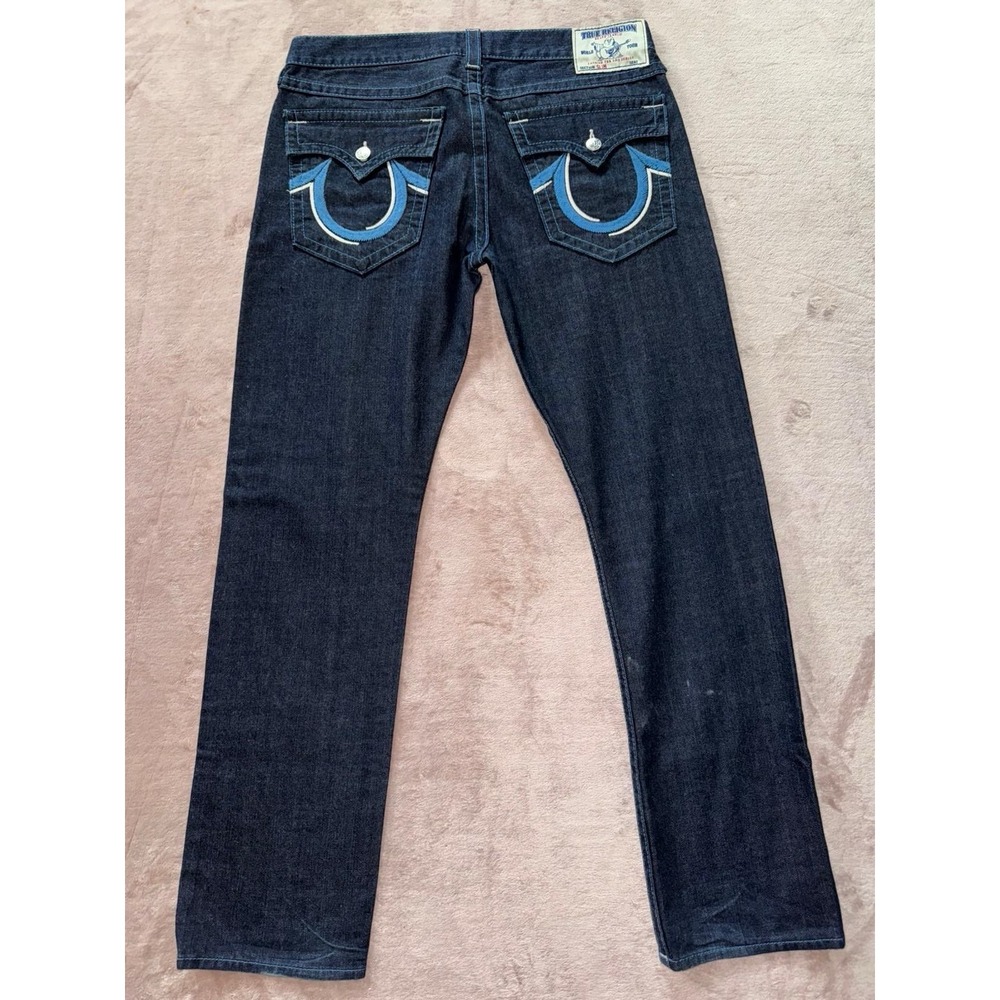 True Religion Mens Straight Blue Denim Jeans Dark Wash Slim Fit Size 36